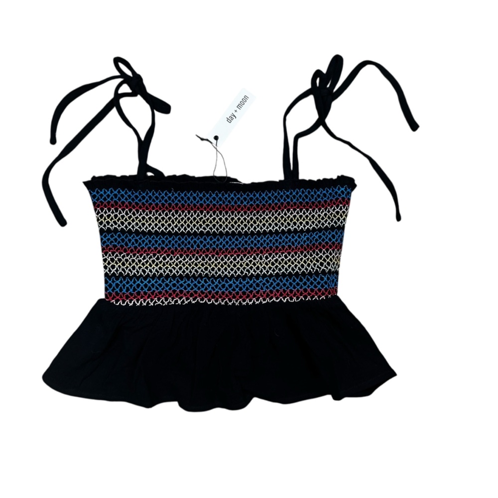NWT Day + Moon Black Smocked Multicolor Cami Crop Tank Top Peplum Stretch - Picture 10 of 12